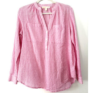 Michael Kors PM Top Pink White Pinstriped Long Sleeve Gauze Crinkle Blouse